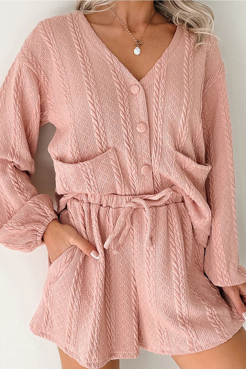 Gossamer pink cable knit V-neck cardigan and matching shorts set by Dear-Lover, made of polyester and elastane, for a stylish look.