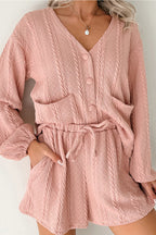 Gossamer pink cable knit V-neck cardigan and matching shorts set by Dear-Lover, made of polyester and elastane, for a stylish look.