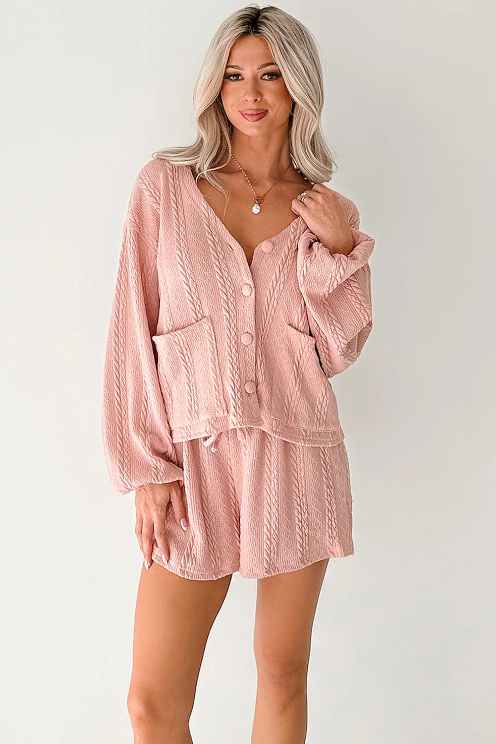 Gossamer Pink Cable Knit V-Neck Cardigan and Shorts Set by Dear-Lover, soft polyester blend, stylish two-piece summer outfit