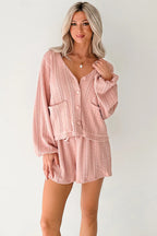 Gossamer Pink Cable Knit V-Neck Cardigan and Shorts Set by Dear-Lover, soft polyester blend, stylish two-piece summer outfit