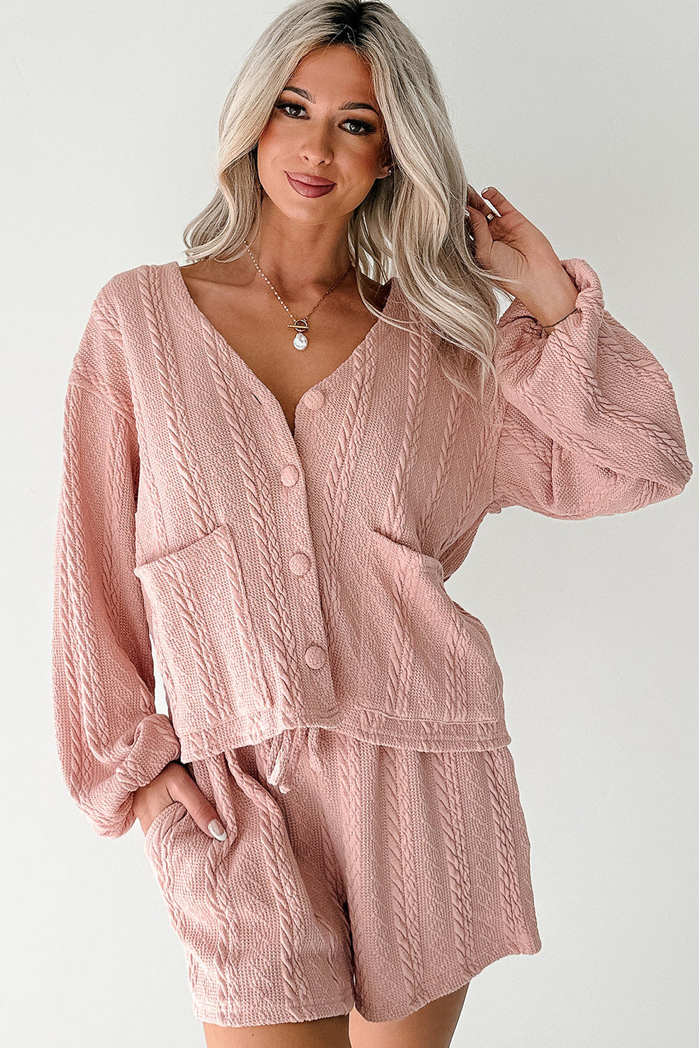 Gossamer pink cable knit V-neck cardigan and shorts set by Dear-Lover, featuring a cozy two-piece knit shorts outfit.