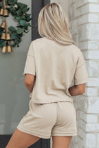 Dear-Lover jet stream solid color two-piece short set with contrast textured patchwork and raw edges, made of polyester and cotton.