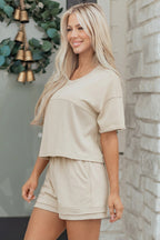 Dear-Lover solid color two-piece short set with textured patchwork and raw edges, featuring contrast details in polyester and cotton fabric.
