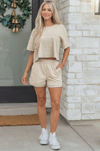 Dear-Lover two-piece short set with solid color, contrast textured patchwork, raw edges, made of polyester and cotton.
