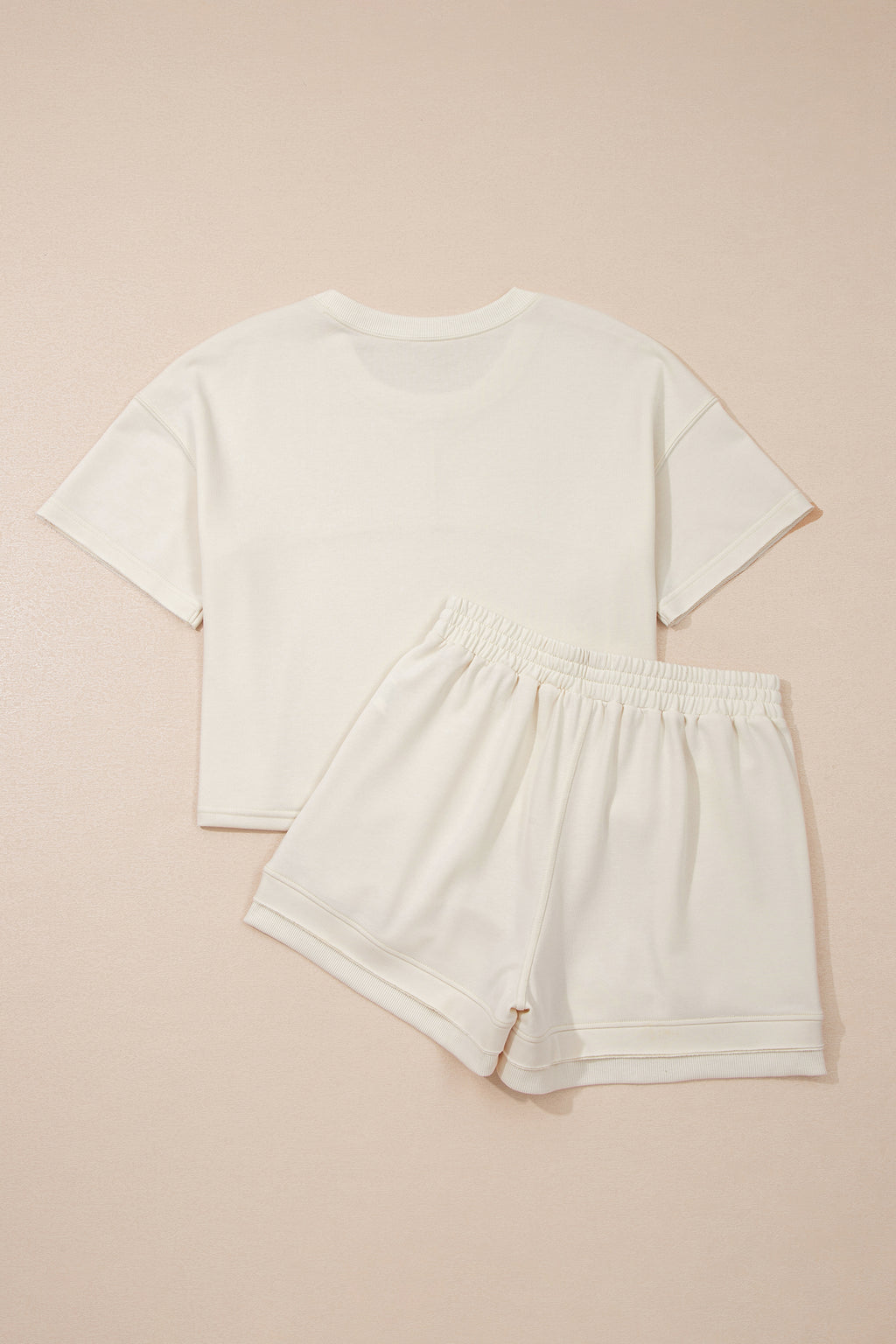 Dear-Lover Jet Stream solid color contrast textured patchwork 2-piece short set in polyester and cotton, raw edge design.