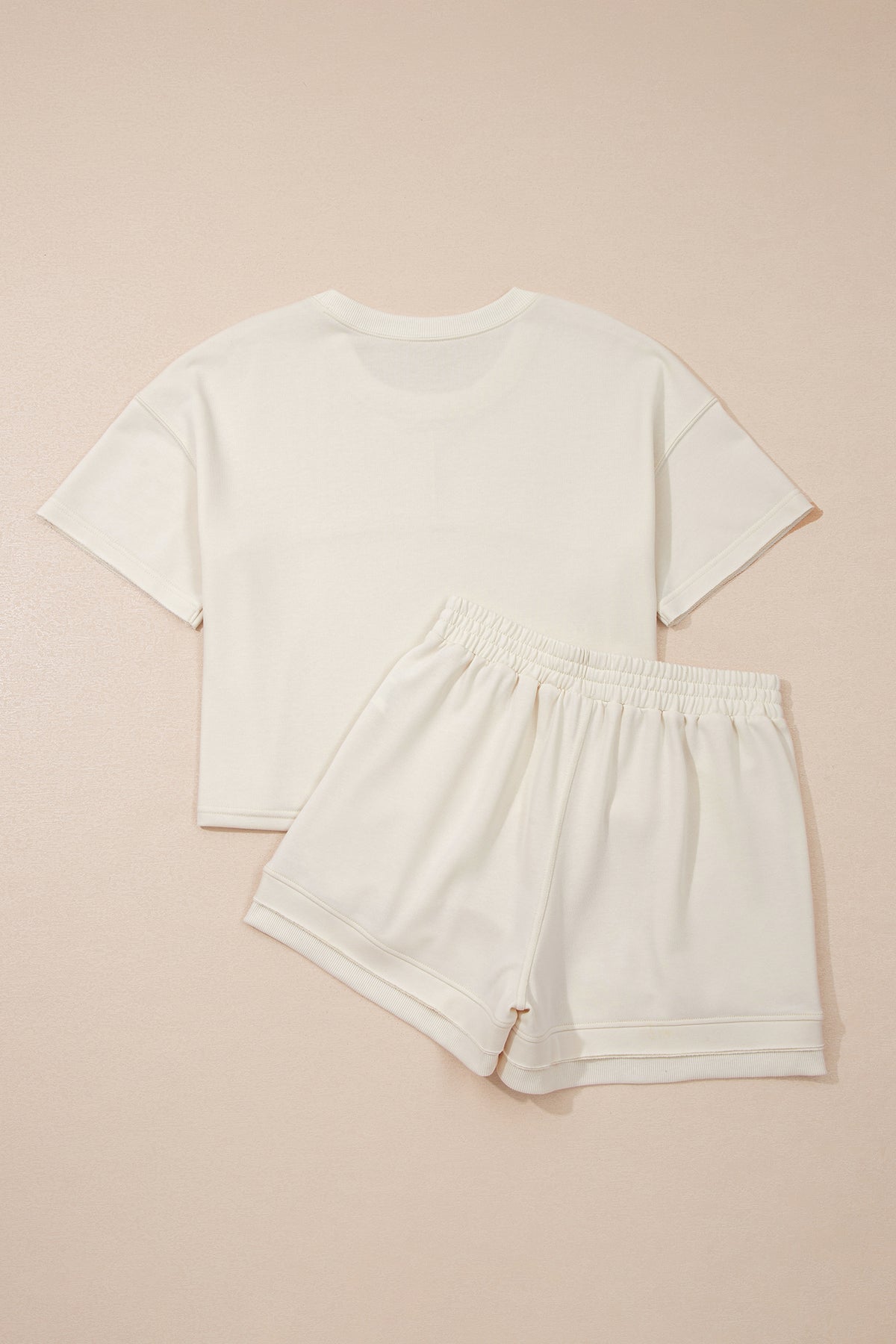 Dear-Lover Jet Stream solid color contrast textured patchwork 2-piece short set in polyester and cotton, raw edge design.