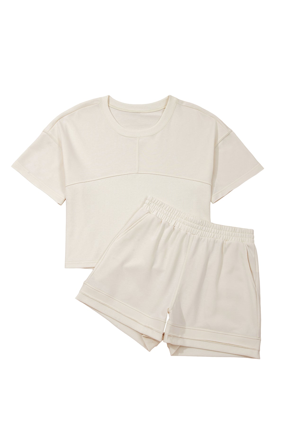 Dear-Lover Jet Stream solid color contrast textured patchwork two-piece short set, raw edges, lightweight polyester and cotton fabric.