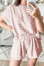 Khaki abstract print short sleeve loose top and matching shorts set by Dear-Lover, casual two-piece summer outfit.
