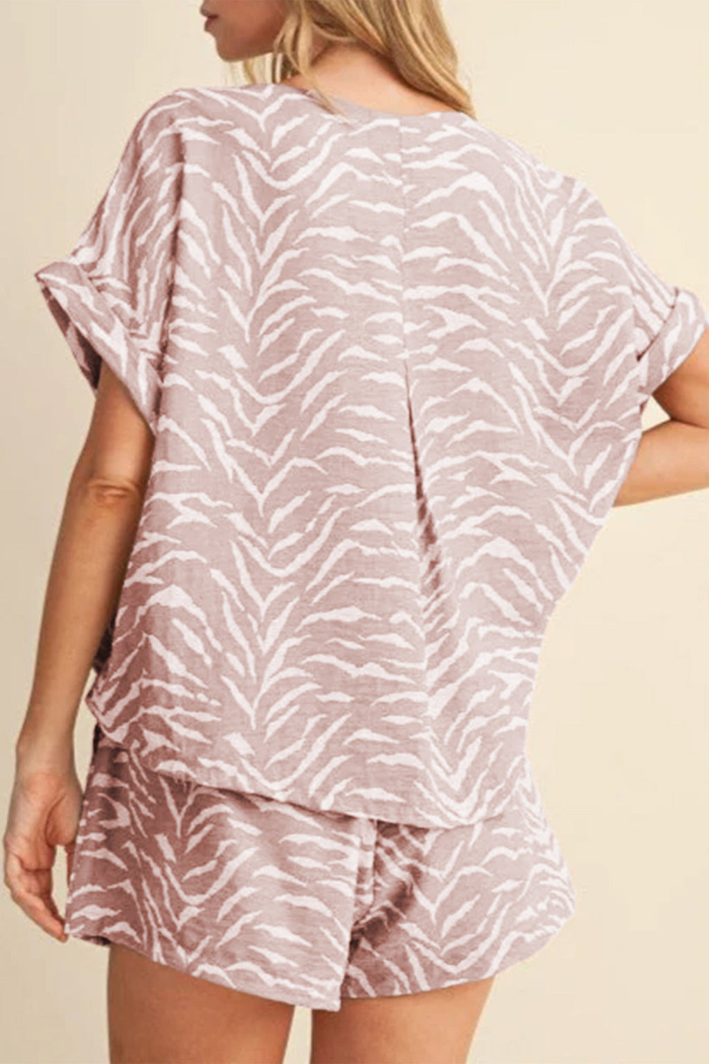 Khaki abstract print short sleeve loose top and matching cuffed shorts two-piece set by Dear-Lover Dropshipping.