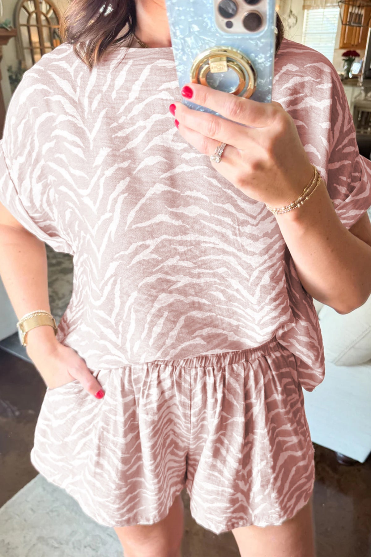 Dear-Lover khaki abstract print short sleeve loose top and matching shorts two-piece set, casual summer outfit.