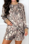 Khaki woodland camo print long sleeve top and casual short set by Dear-Lover, two-piece camo print clothing set for women.
