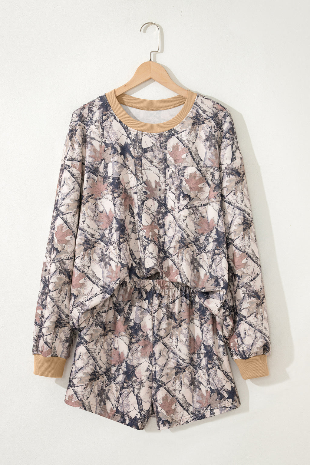 Khaki woodland camo print long sleeve top with casual short set from Dear-Lover, made of polyester and elastane, two-piece outfit.