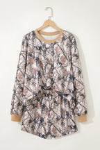 Khaki woodland camo print long sleeve top with casual short set from Dear-Lover, made of polyester and elastane, two-piece outfit.