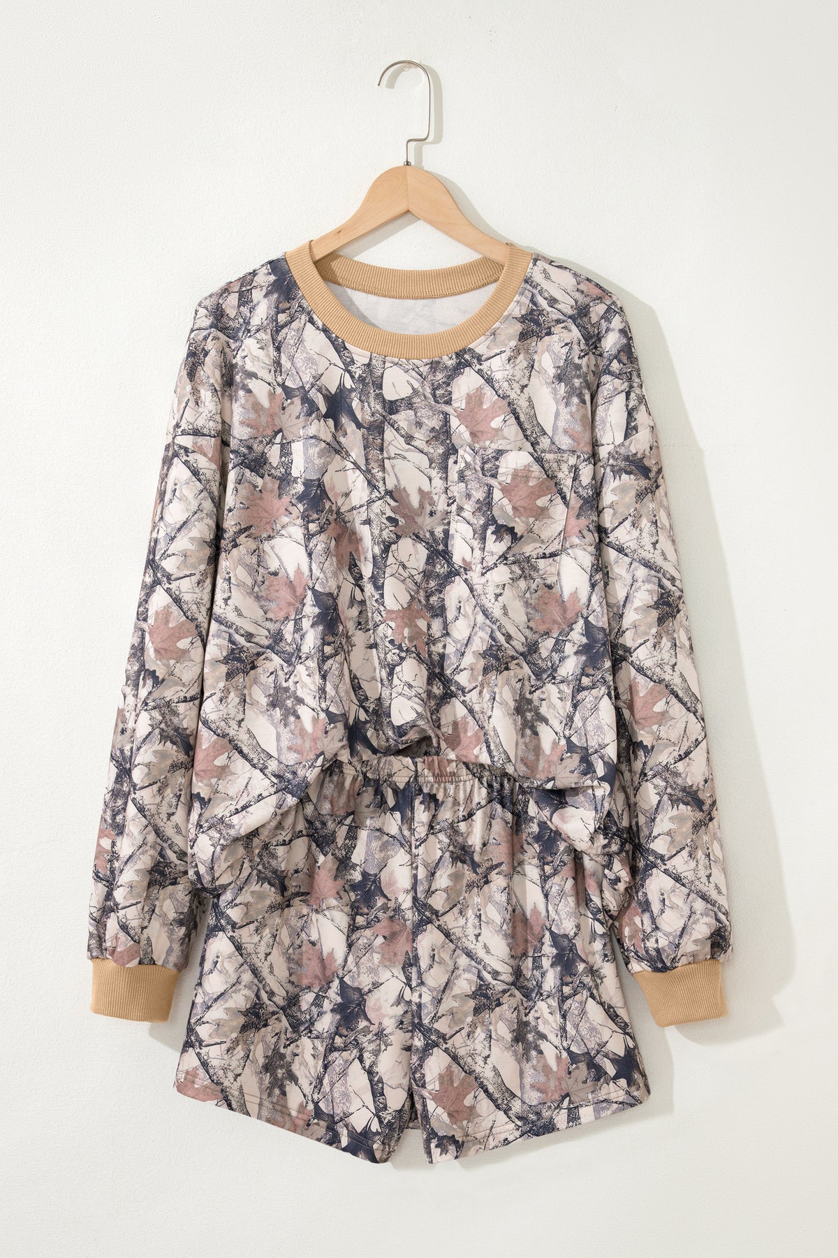 Khaki woodland camo print long sleeve top with casual short set from Dear-Lover, made of polyester and elastane, two-piece outfit.