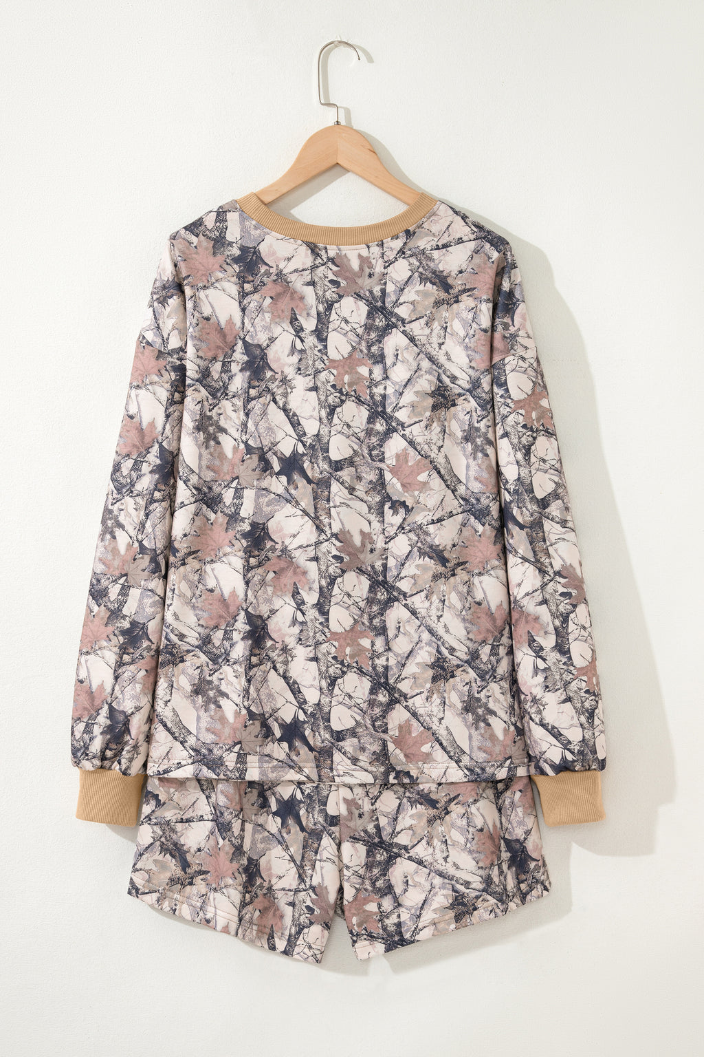 Khaki woodland camo print long sleeve top and casual short set by Dear-Lover, two-piece camo print clothing for women.