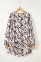 Khaki woodland camo print long sleeve top and casual short set by Dear-Lover, two-piece camo print clothing for women.