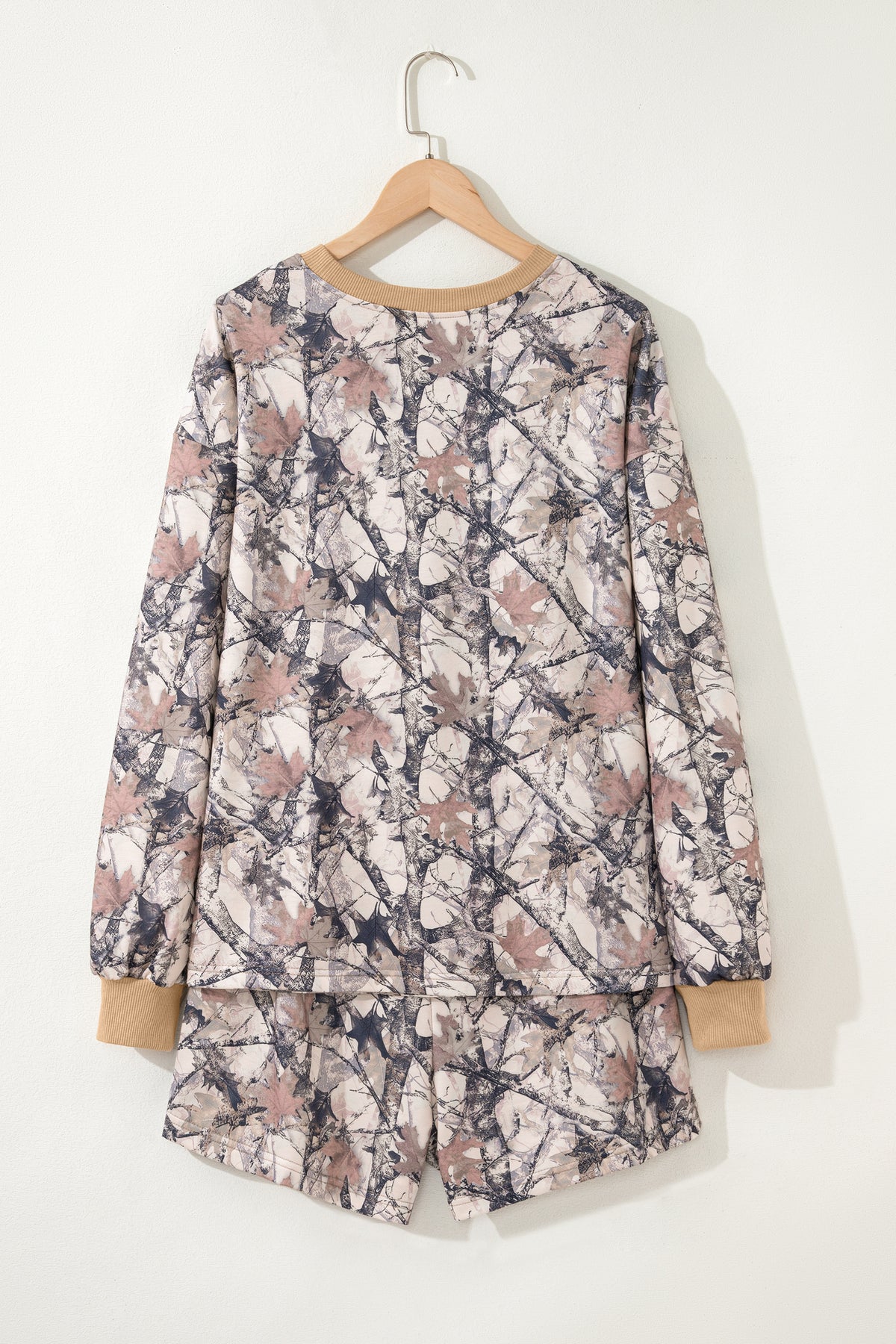 Khaki woodland camo print long sleeve top and casual short set by Dear-Lover, two-piece camo print clothing for women.