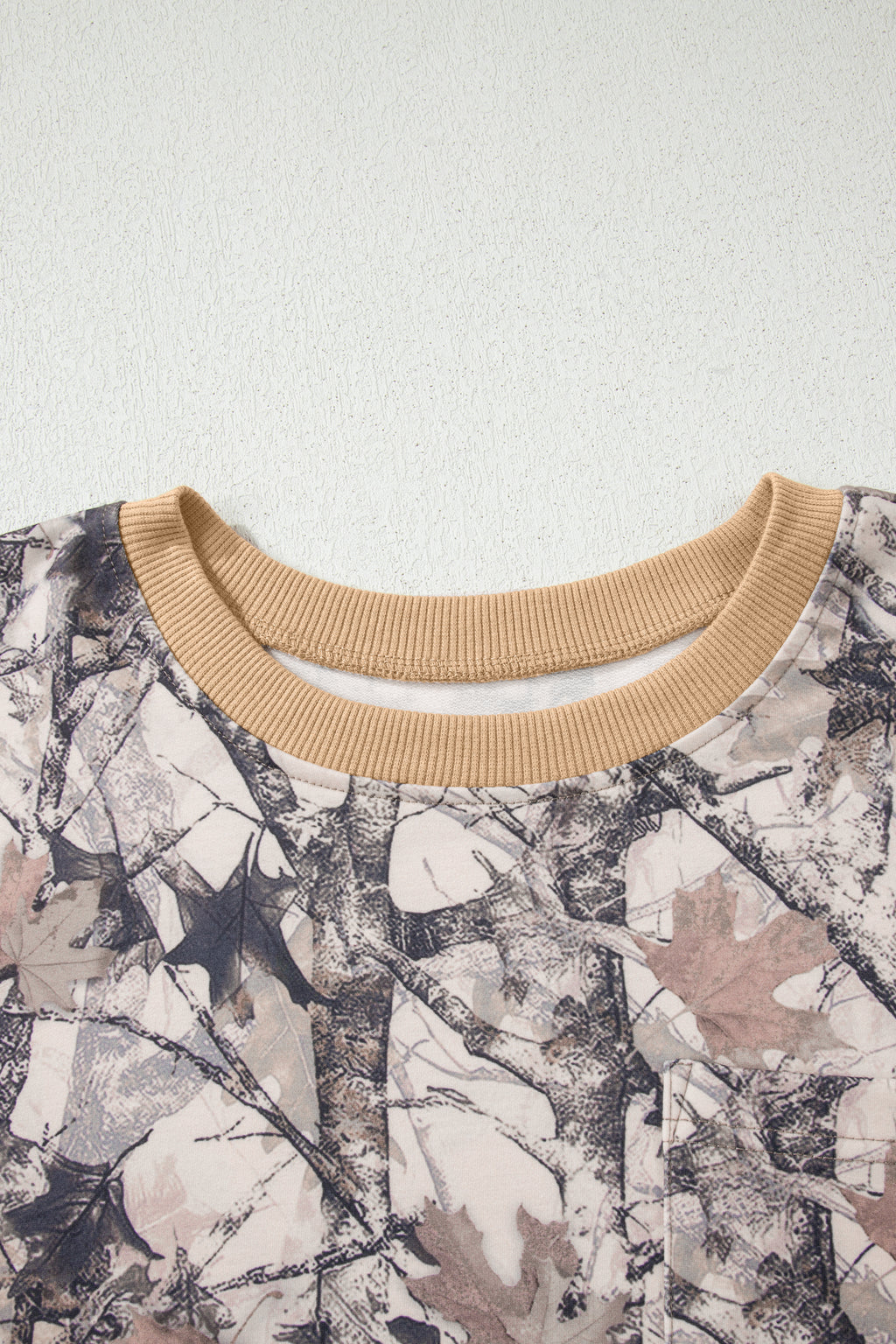 Khaki woodland camo print long sleeve top and shorts casual two-piece set by Dear-Lover, polyester and elastane fabric.
