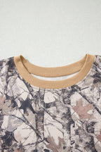 Khaki woodland camo print long sleeve top and shorts casual two-piece set by Dear-Lover, polyester and elastane fabric.