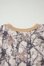 Khaki woodland camo print long sleeve top and casual short set by Dear-Lover, two-piece set for a relaxed, stylish look.