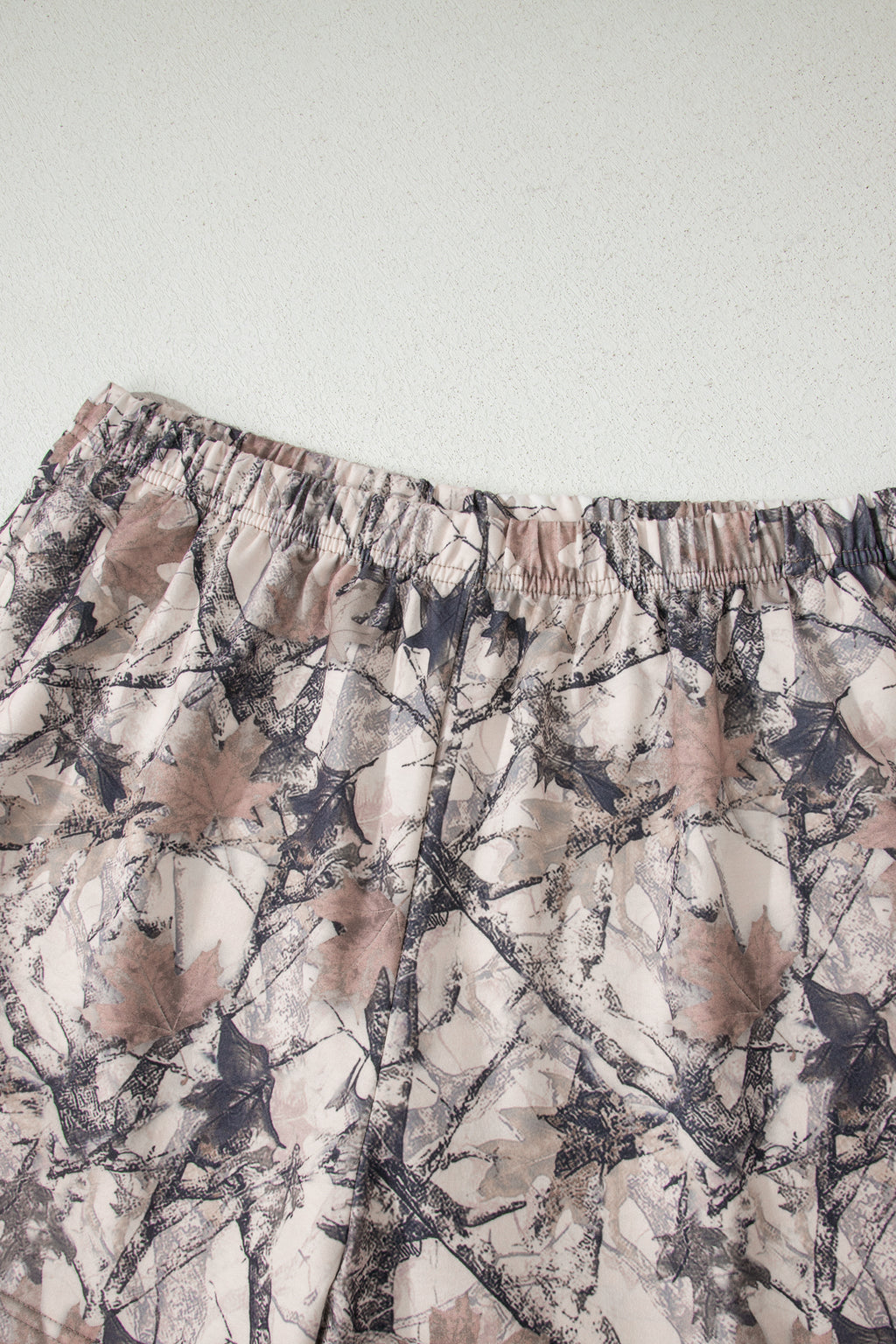 Khaki woodland camo print long sleeve top and casual short set by Dear-Lover, two-piece polyester and elastane summer outfit.