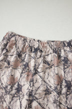 Khaki woodland camo print long sleeve top and casual short set by Dear-Lover, two-piece polyester and elastane summer outfit.