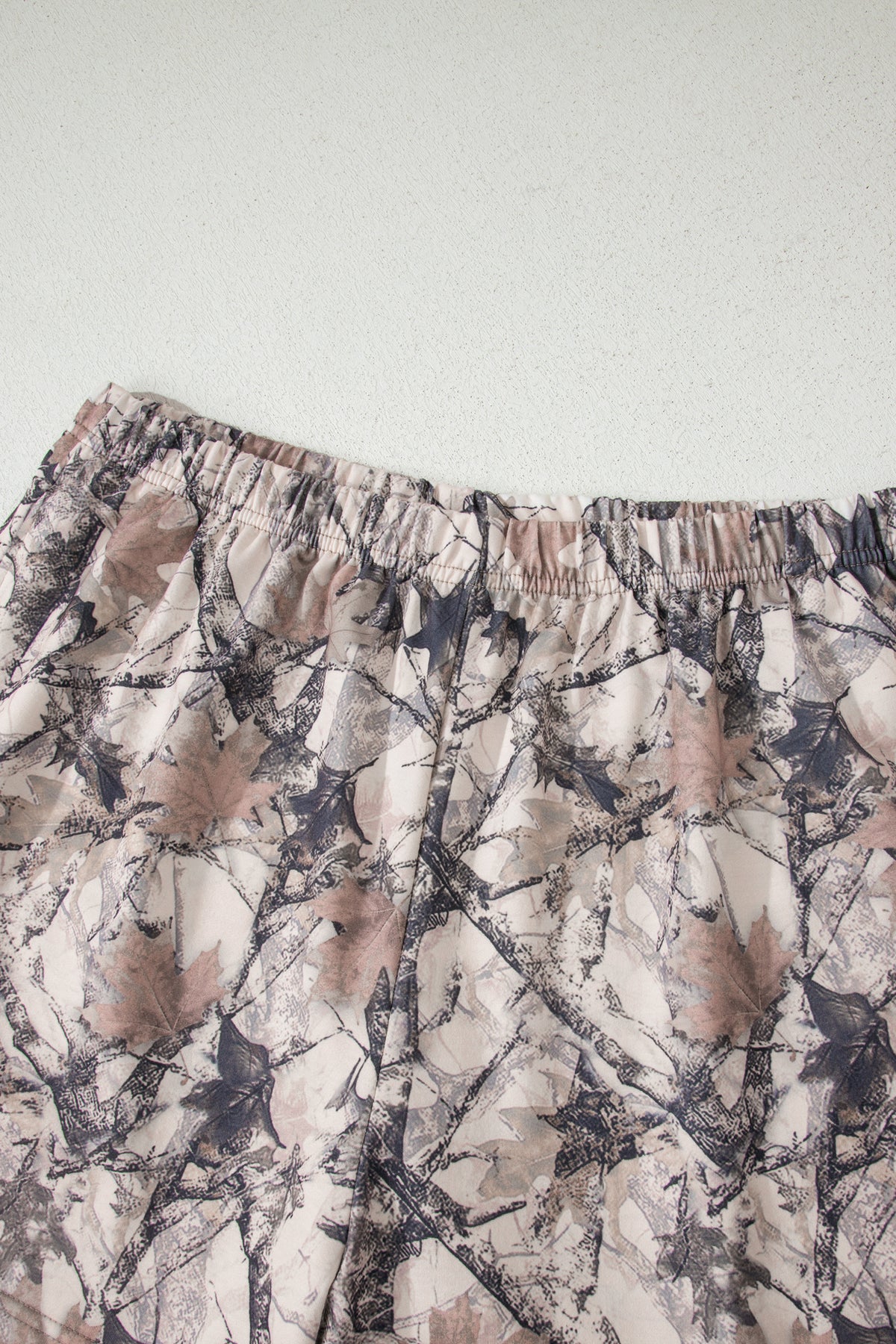 Khaki woodland camo print long sleeve top and casual short set by Dear-Lover, two-piece polyester and elastane summer outfit.