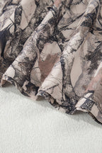 Khaki woodland camo print long sleeve top and casual short set by Dear-Lover, two-piece set made of polyester and elastane.