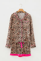 Light French beige leopard print two-piece set by Dear-Lover with contrast trim, long sleeve shirt, drawstring waist, and ruffle hem shorts.