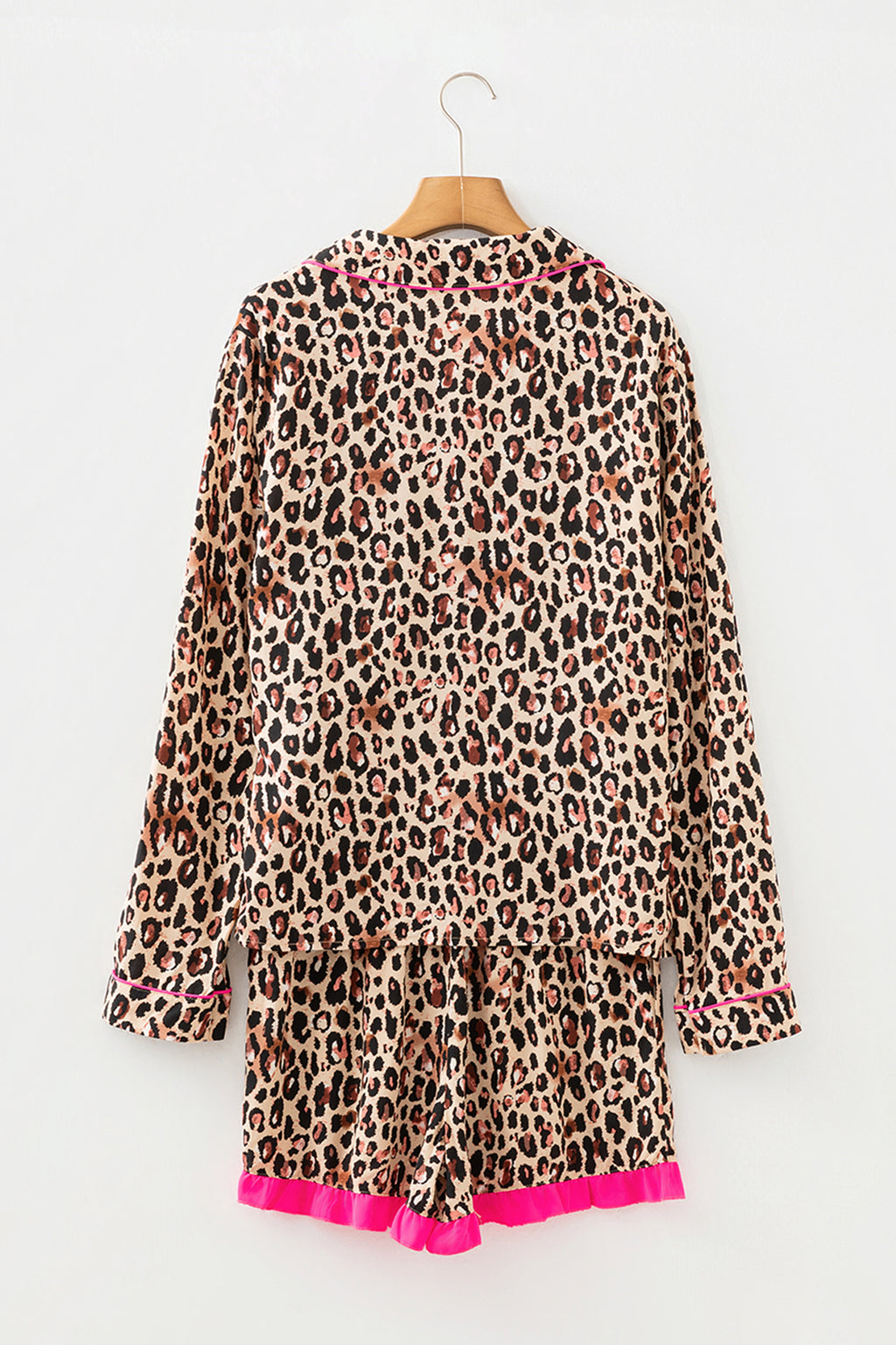 Light French beige leopard print long sleeve shirt and drawstring ruffle hem shorts set by Dear-Lover, stylish two-piece outfit.