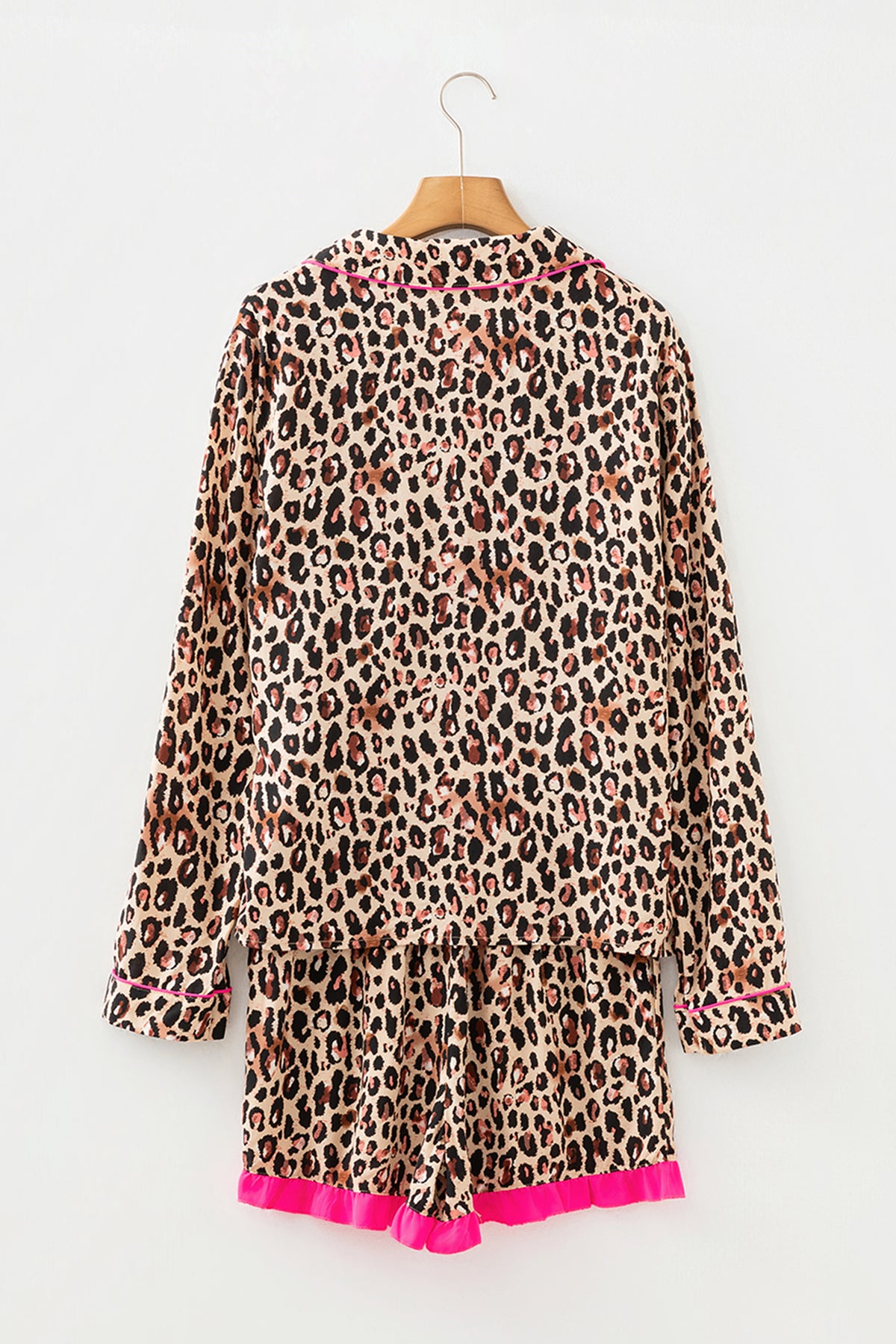 Light French beige leopard print long sleeve shirt and drawstring ruffle hem shorts set by Dear-Lover, stylish two-piece outfit.