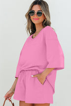 Meadow Mist Green solid loose V-neck half sleeve tee and matching shorts, Dear-Lover Two Piece Set, casual summer outfit.