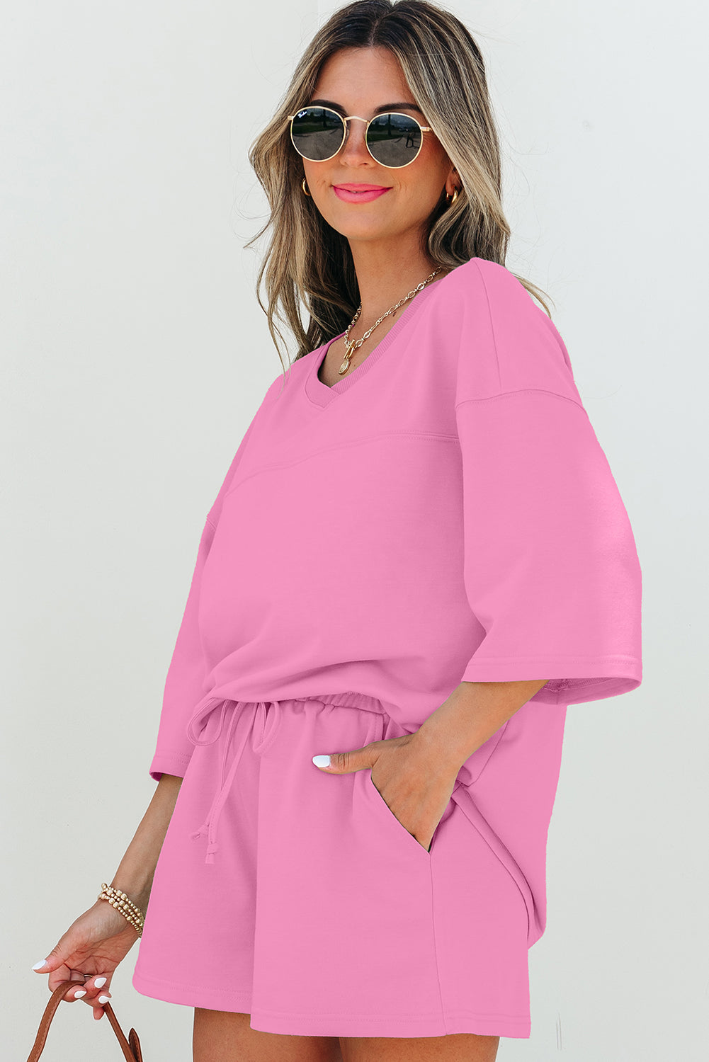 Meadow Mist Green solid loose V-neck half sleeve tee and matching shorts, Dear-Lover Two Piece Set, casual summer outfit.
