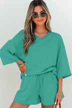 Meadow Mist Green solid loose V-neck half sleeve tee and shorts set by Dear-Lover, casual two-piece summer outfit.
