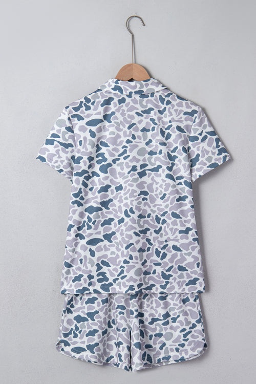 Multicolored abstract patterned polo collar T-shirt and shorts set by Dear-Lover, made of polyester and elastane, two-piece casual outfit.