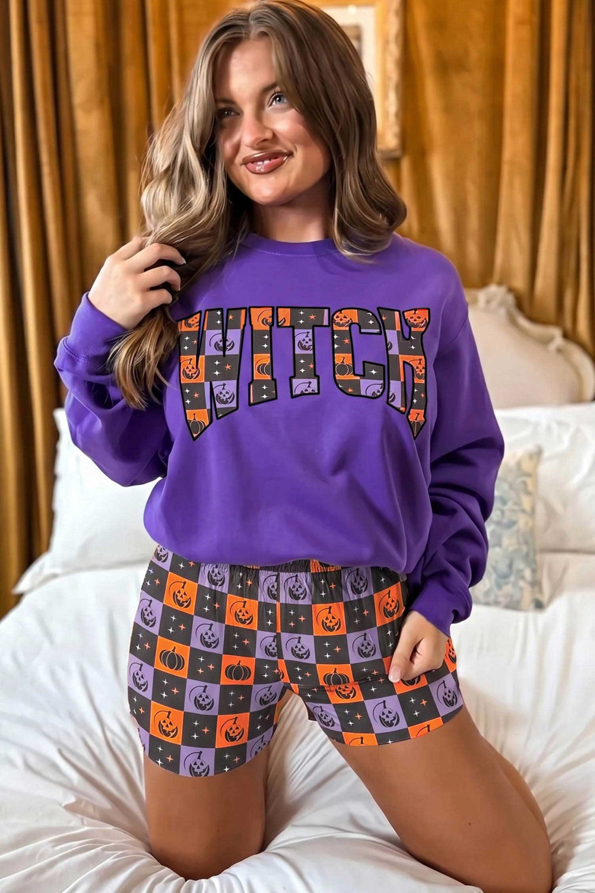 Orange Witch Letter Print Long Sleeve Top with checkered elastic waist shorts set, stylish two-piece outfit by Dear-Lover Dropshipping.