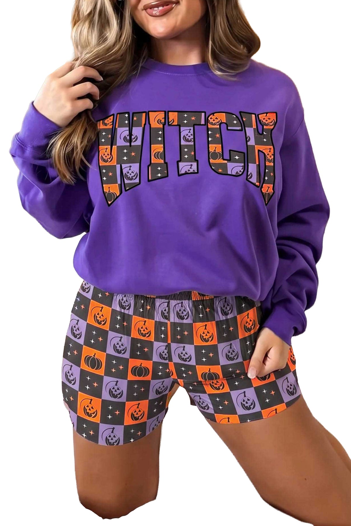 Orange witch letter print long sleeve top with checkered elastic waist shorts set, casual two-piece outfit from Dear-Lover Dropshipping.