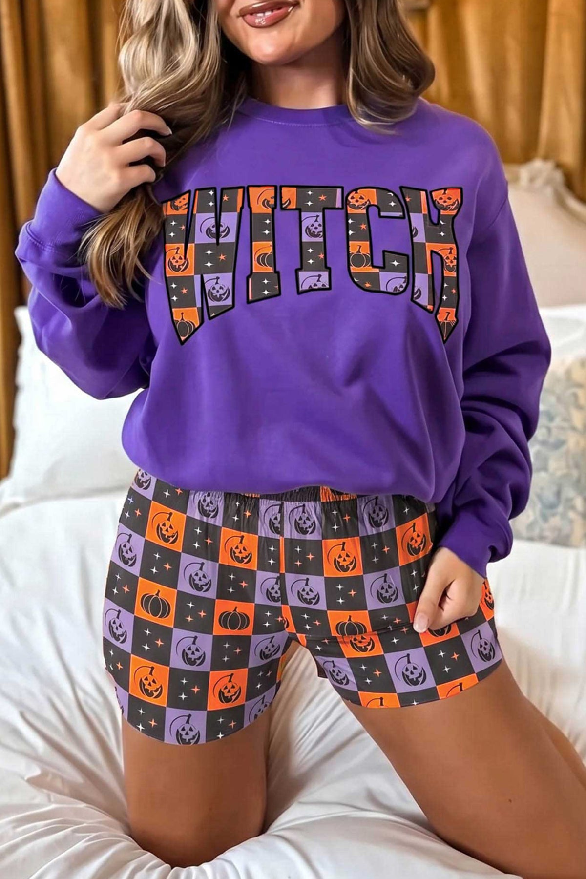 Orange witch letter print long sleeve top and checkered elastic waist shorts set by Dear-Lover, casual two-piece summer outfit.