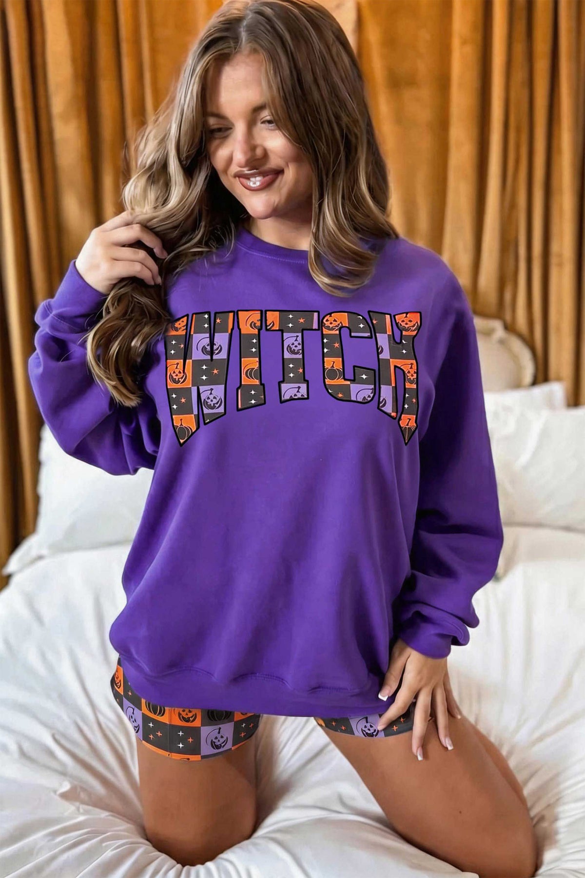 Orange witch letter print long sleeve top with checkered elastic waist shorts set by Dear-Lover Dropshipping, casual two-piece outfit.
