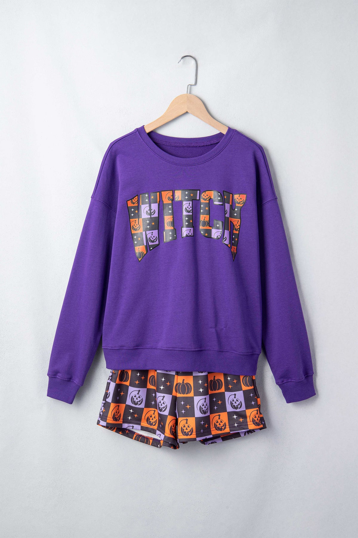 Orange Witch Letter Print Long Sleeve Top and Checkered Elastic Waist Shorts Set by Dear-Lover, casual two-piece summer outfit.