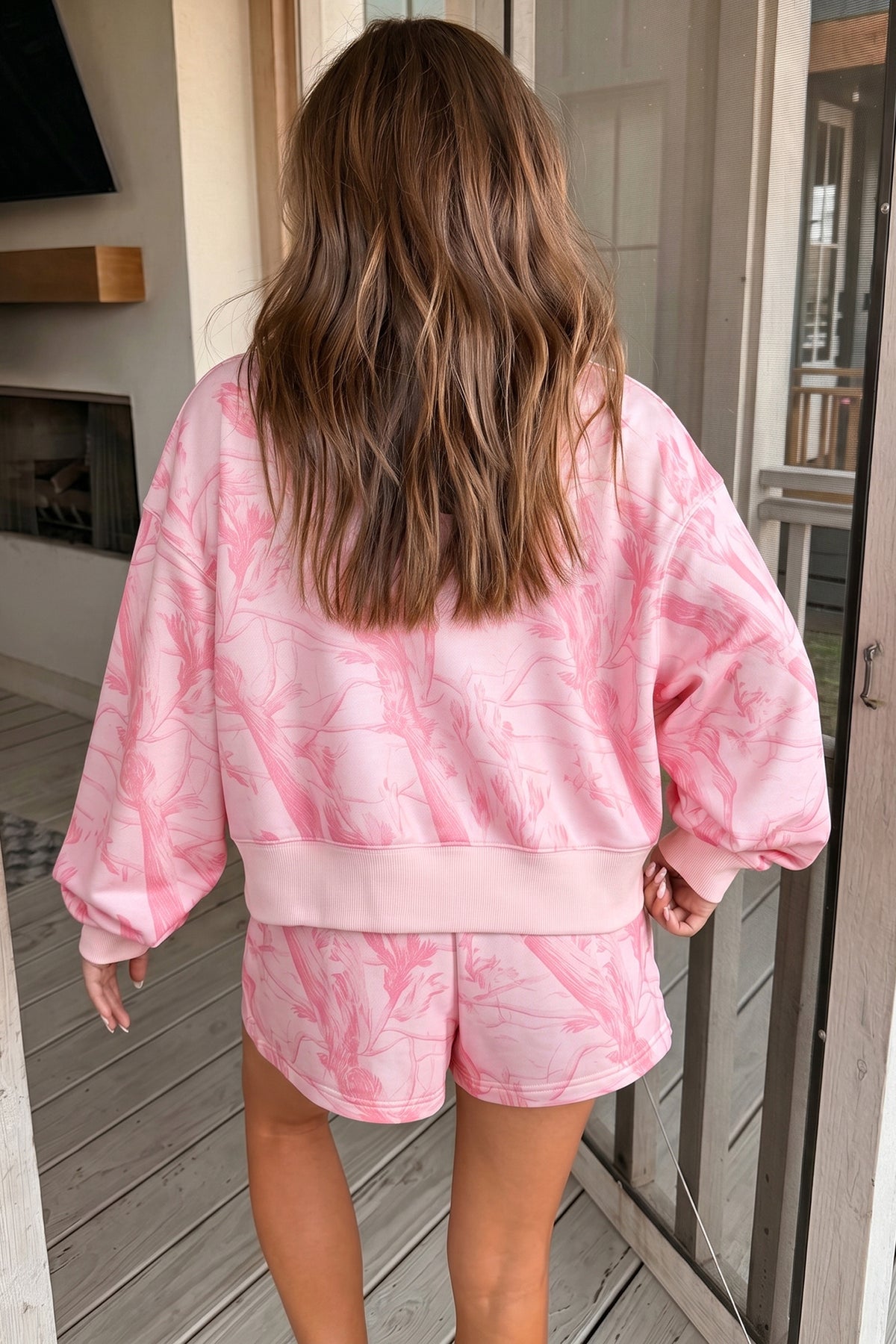 Pink abstract print ribbed crewneck long sleeve top and elastic waist shorts set by Dear-Lover, casual two-piece summer outfit.