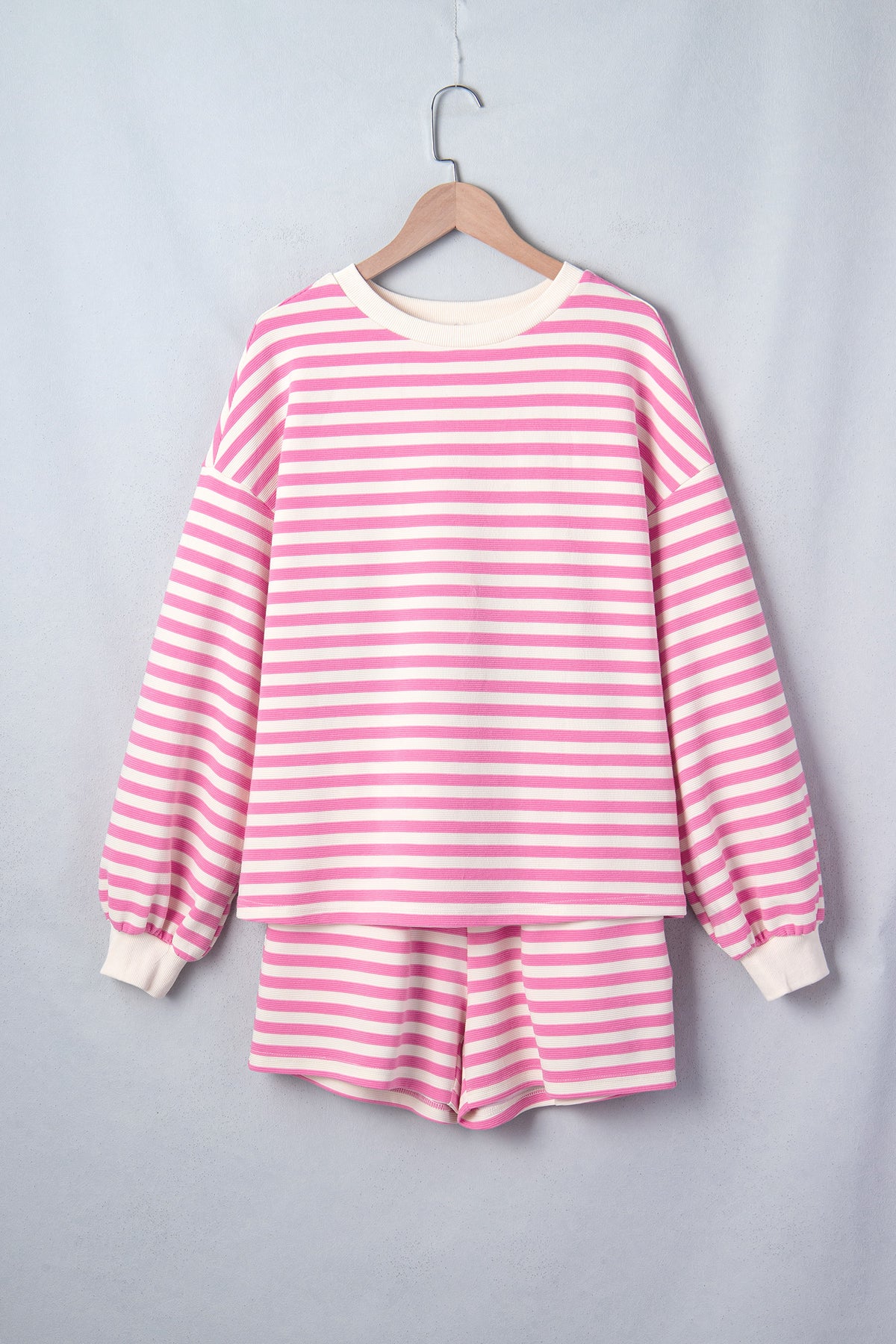 Pink striped long sleeve crew neck shorts set from Dear-Lover, featuring drawstring waist and comfortable two-piece design.