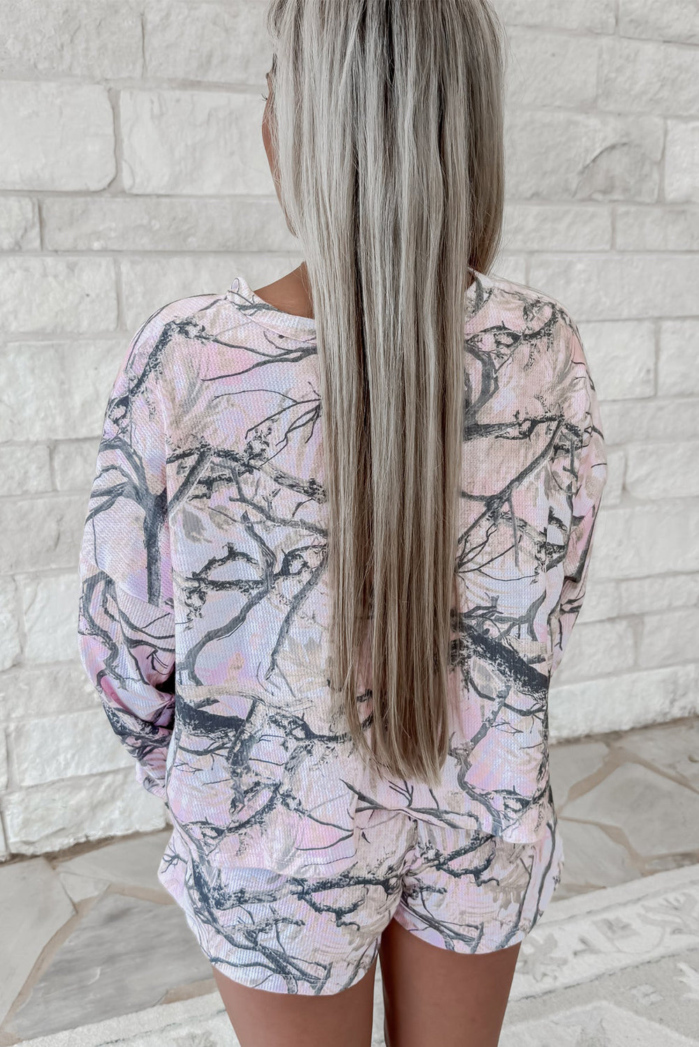 Pink camo Henley top and matching shorts set from Dear-Lover, made of polyester and elastane, casual two-piece summer outfit.