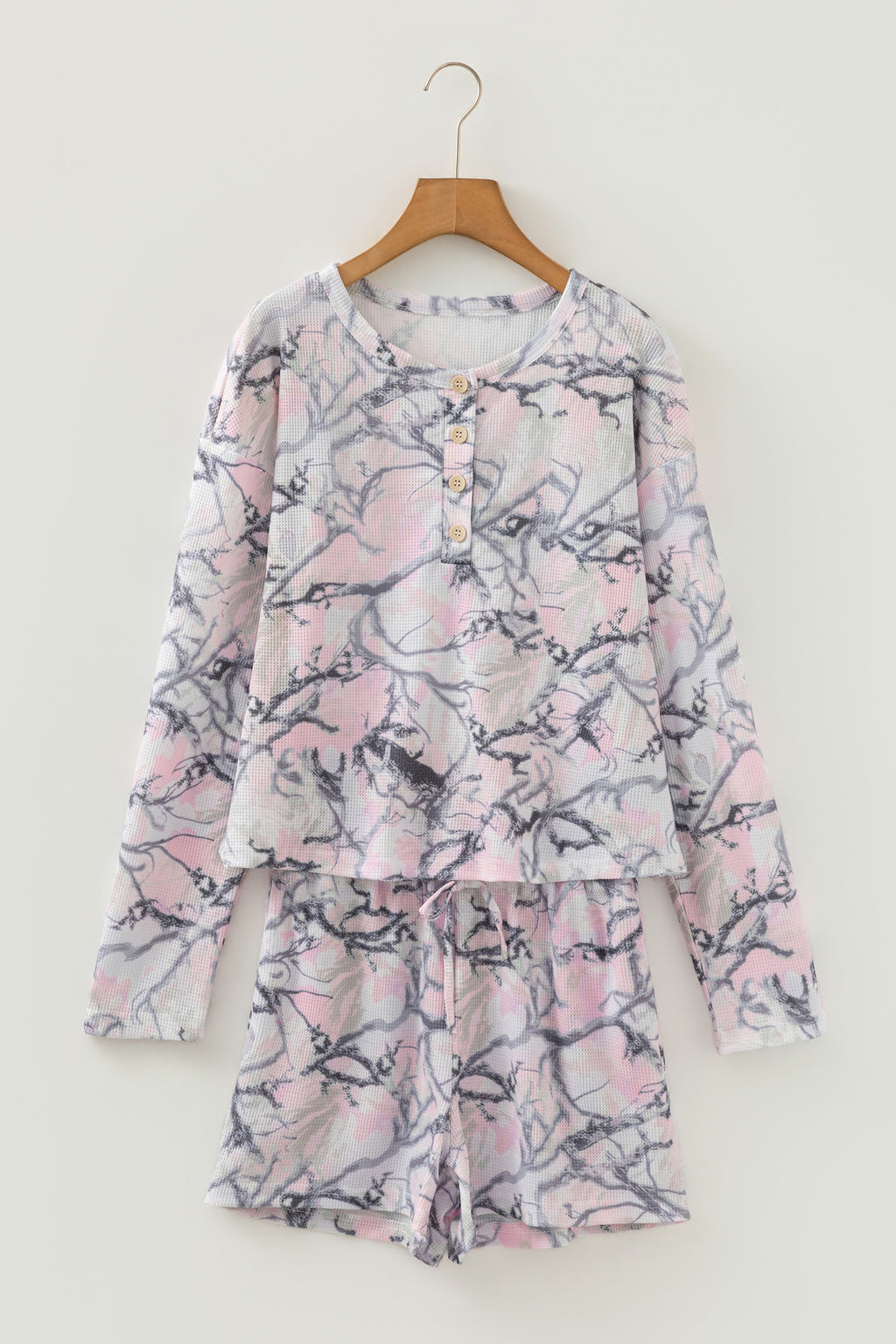 Pink camo Henley top and shorts set by Dear-Lover, made of polyester and elastane, casual two-piece outfit for women.