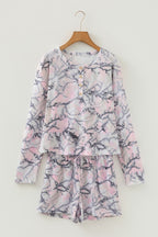 Pink camo Henley top and shorts set by Dear-Lover, made of polyester and elastane, casual two-piece outfit for women.