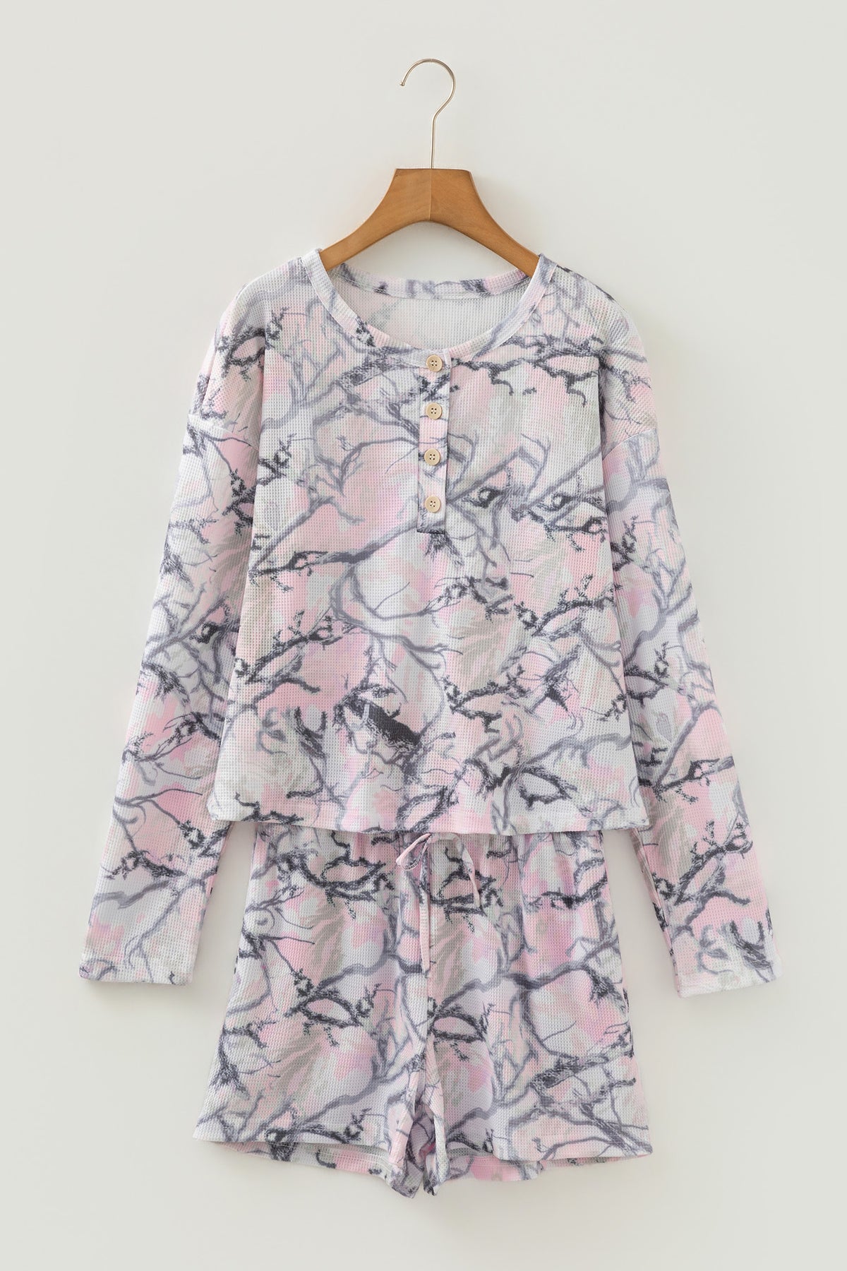 Pink camo Henley top and shorts set by Dear-Lover, made of polyester and elastane, casual two-piece outfit for women.