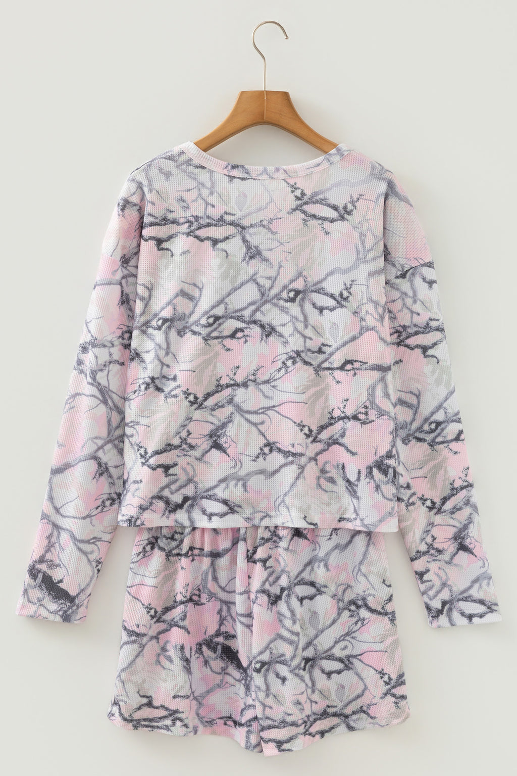 Pink camo Henley top and shorts set from Dear-Lover, soft polyester-elastane fabric, casual two-piece summer outfit.