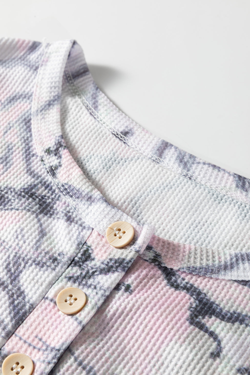 Pink camo Henley top and shorts set by Dear-Lover, soft polyester and elastane two-piece casual outfit for women.
