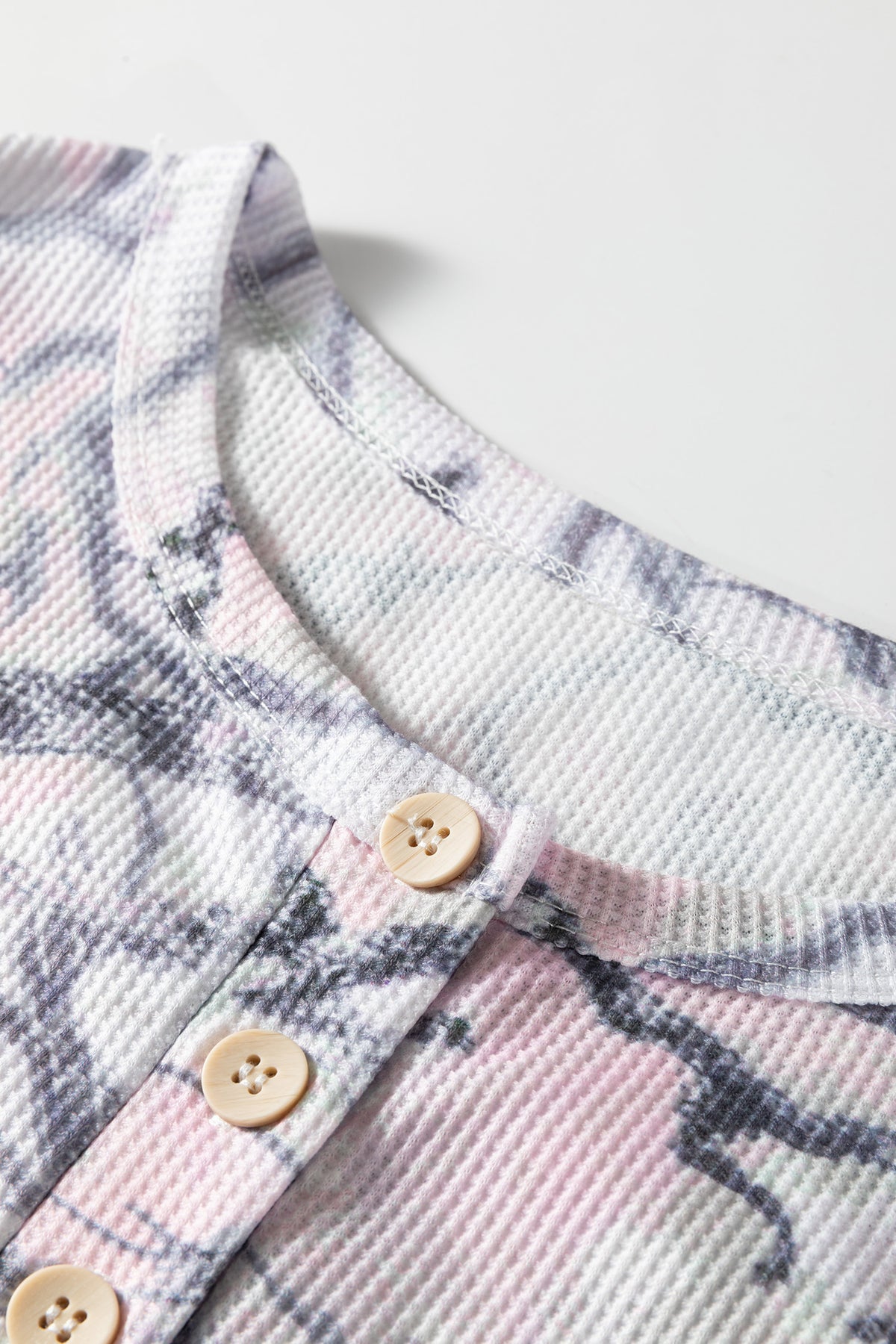 Pink camo Henley top and shorts set by Dear-Lover, soft polyester and elastane two-piece casual outfit for women.