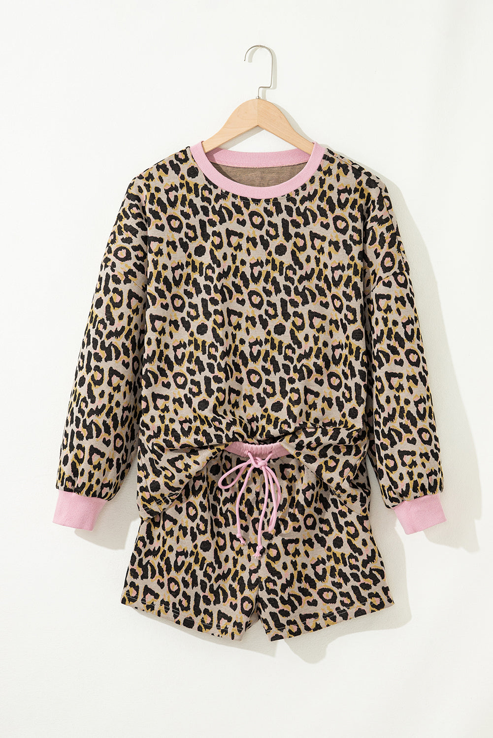 Pink leopard print contrast edge long sleeve pullover and shorts set by Dear-Lover, stylish two-piece polyester and elastane casual outfit.